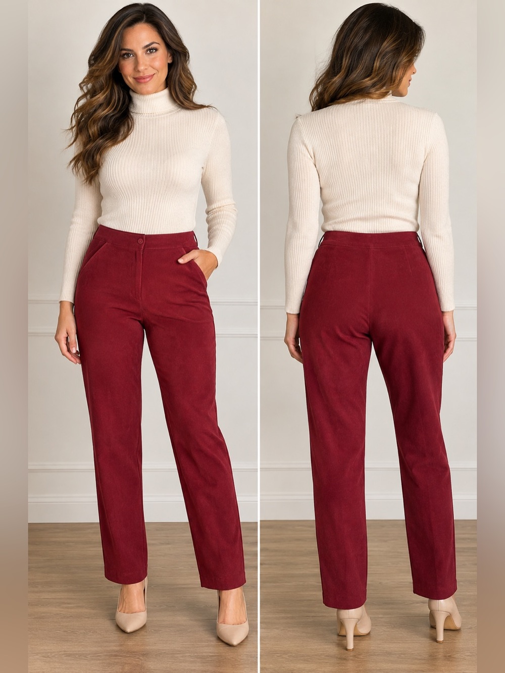 Bellessa Burgundy High-Rise Straight Pants in 12P Petite Retro Business Casual